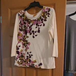 Ruby Rd. Cream and Purple Floral Long Sleeve Top